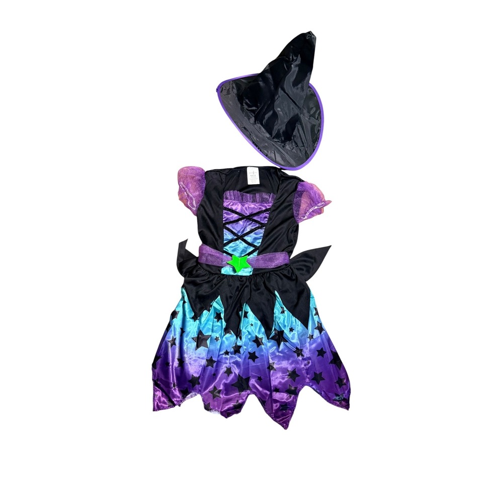 Boo Inc Kids Witch Costume Dress Hat Black Purple Teal Star Print Size 7-9